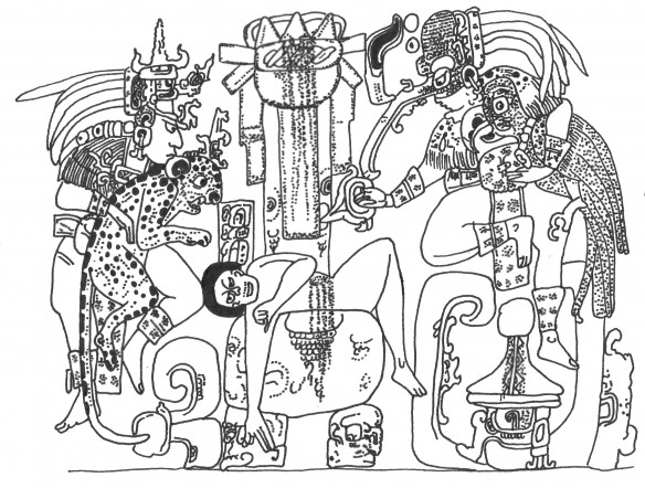 Figure 3: Classic Maya scene of sacrifice involving human, beast, and fowl. (Drawn by Traci Wright after Alexandre Tokovinine from Reading Maya Art: A Hieroglyphic Guide to Ancient Maya Painting and Sculpture, 2011:92)