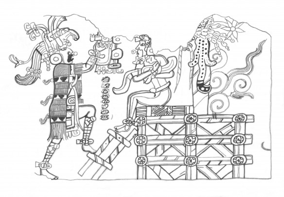 Figure 2: Early Classic Maya ruler being enthroned in emulation of the accession of the Maize God, from the murals of San Bartolo, Guatemala (ca. 100 BC) (Drawing by Traci Wright after Heather Hurst from The Murals of San Bartolo, El Petén, Guatemala Part 2: The West Wall, 2010:59)