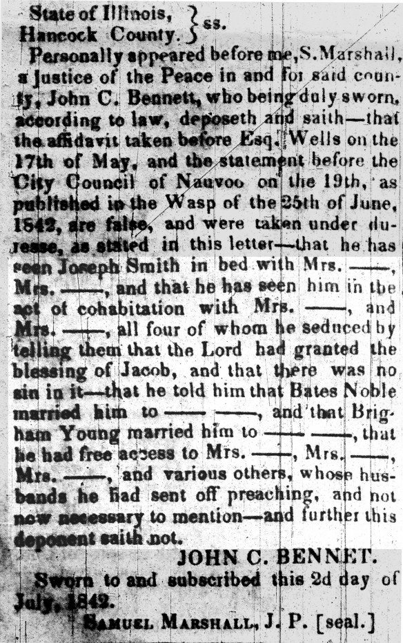 Figure 6: John C. Bennett affidavit published in The Pittsburgh Morning Chronicle (29 July 1842)