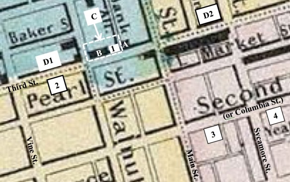 Figure 10: 1855 Colton Map of Cincinnati, Ohio, cartography by Joseph Hutchins Colton (George Washington Colton, Colton’s Atlas of the World Illustrating World and Political Geography, Vol. 1, New York: J. H. Colton & Co., 1855).  A: Lafayette-Franklin Bank building (1836–1931) 1: First Masonic building (used as such, 1824–1845), Post Office (1824–1836), Delafield & Burnet (1839–1840/41), and Glezen & Shepard/Shepard & Stearns (1839–1840/41) B: Second Masonic building (1845–1858) and Post Office (June 24, 1845, to May 2, 1849) C (Dashed white rectangle): Third Masonic Temple (1859–1928). Required razing of both 1 and B D1: Post Office (1836–Nov. 1841) D2: Post Office (Nov. 1841–June 24, 1845) 2: Shepard & Stearns and Shepard & Co. (1844–45)